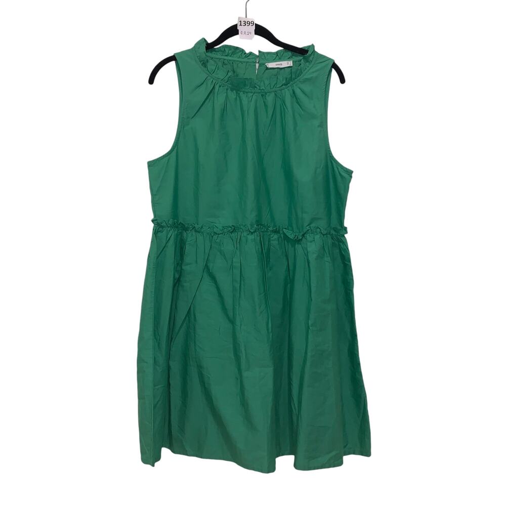 Kelly Green Dress, Ruffle Waist, Linen, Ruffle Neckline, A-line, MNG , 8, Green